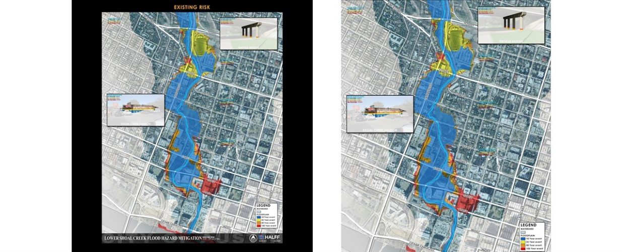 Lower Shoal Creek flood hazard mitigation map and diagram of existing risk